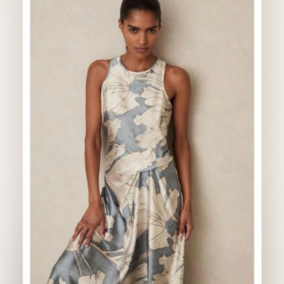 Reiss Satin Floral Drape Midi Dress in Blue & Cream Size 6 NWT - Picture 2 of 5